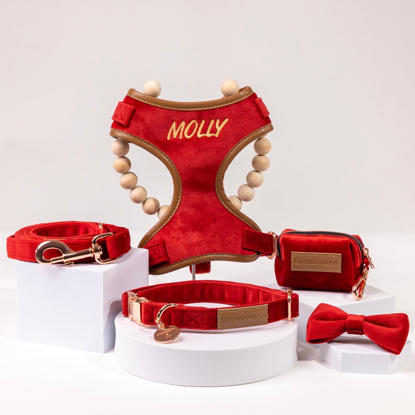 Sadie Luxury Red Velvet Personalised Harness Set with Leather Trim