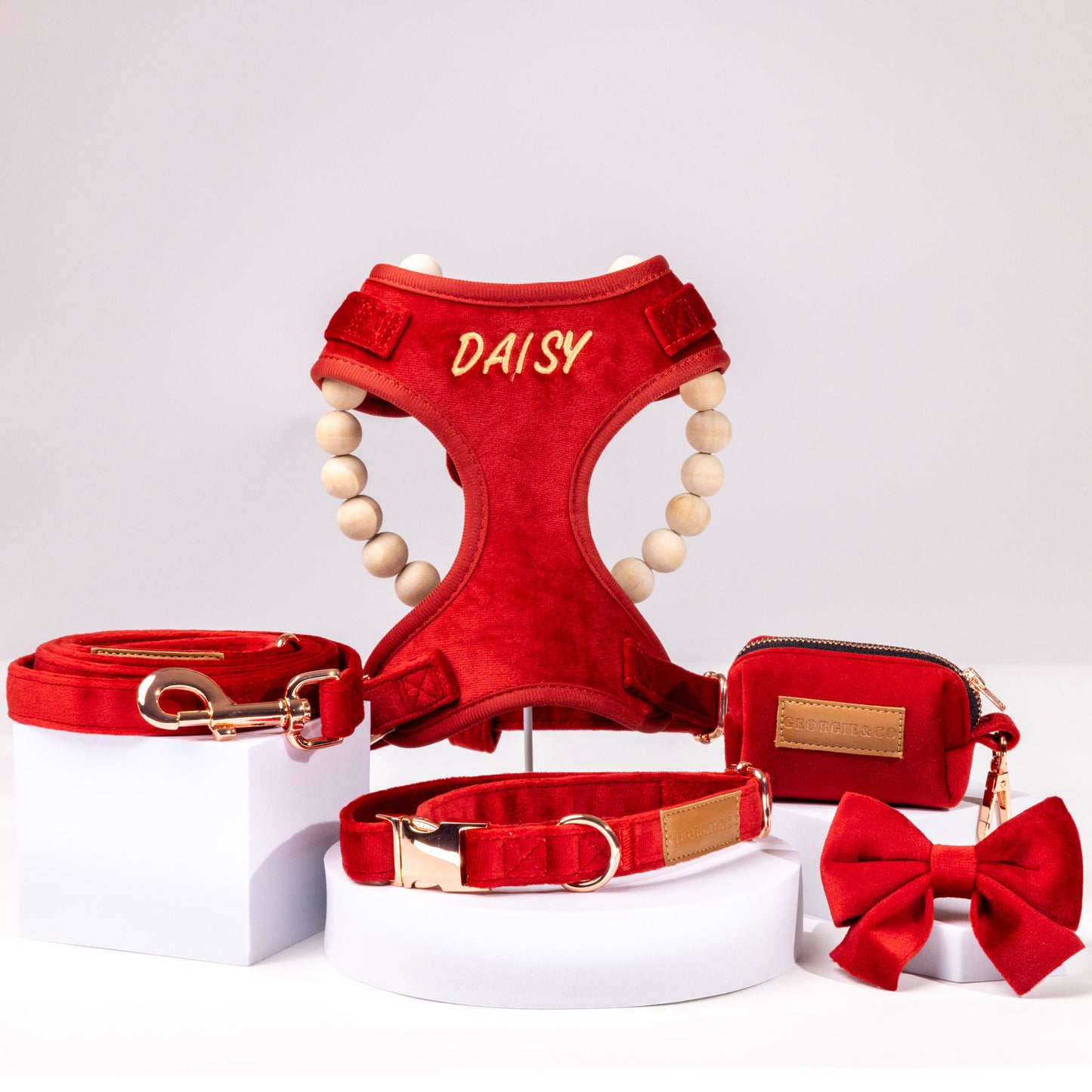 Addison Luxury Red Velvet Personalised Harness Set