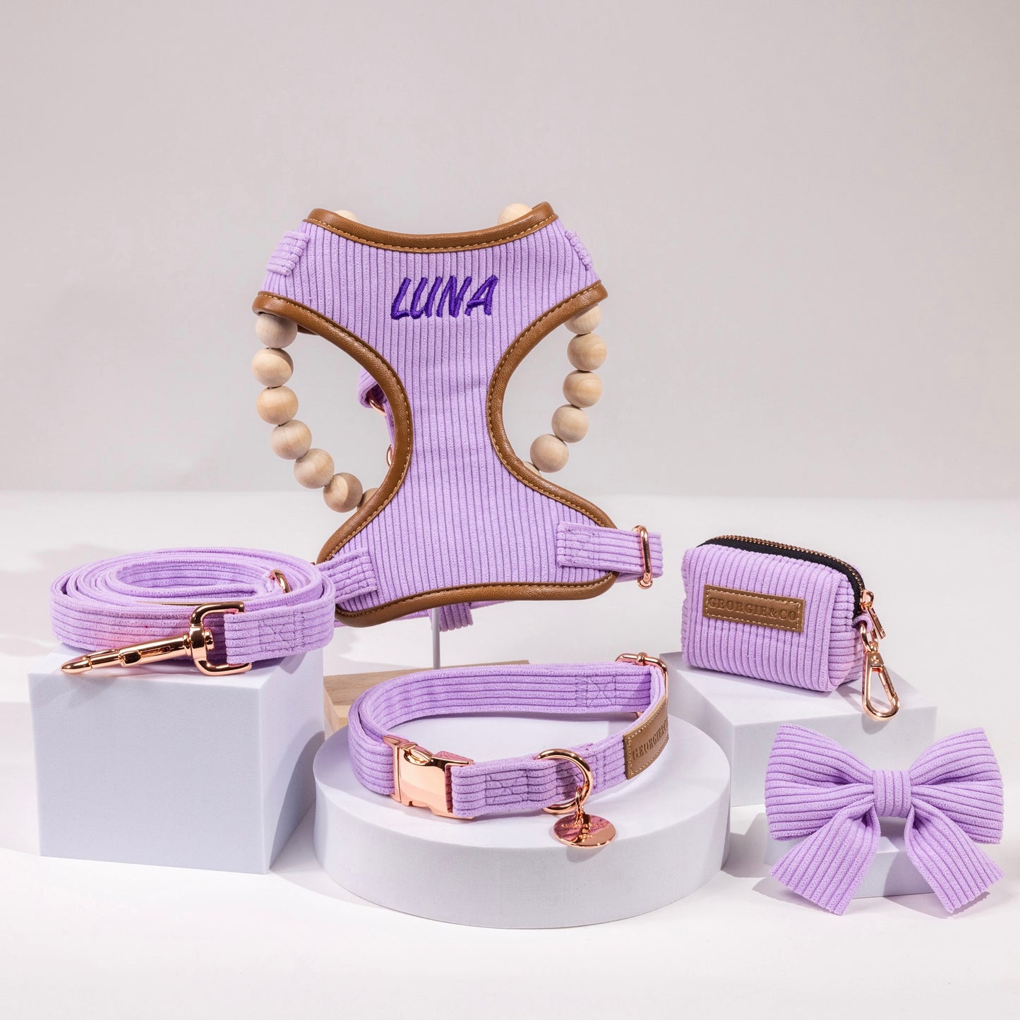 Kelsey Purple Corduroy Personalised Harness Set with Leather Trim