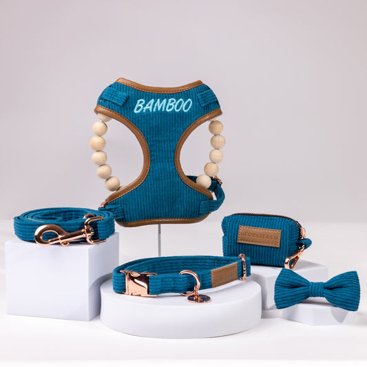 Barkley Luxury Blue Corduroy Personalised Harness Set