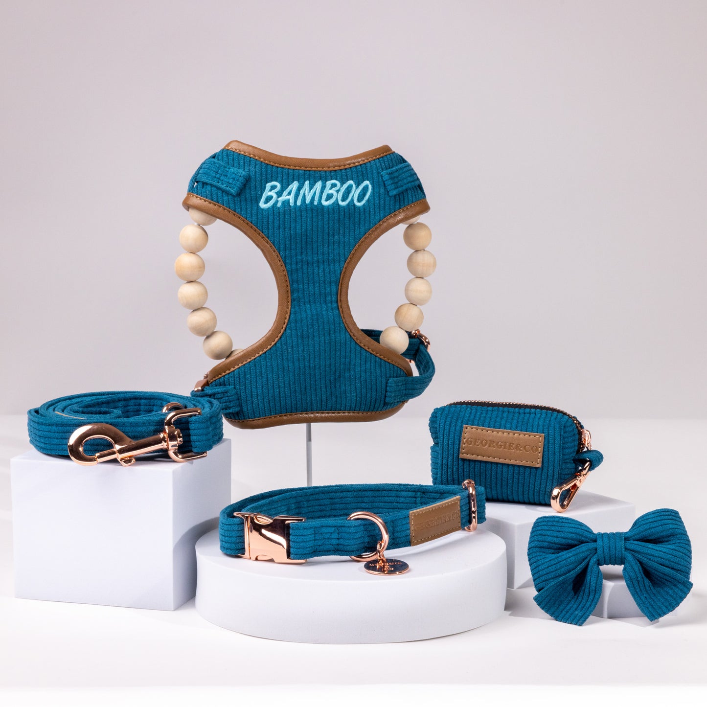 Barkley Luxury Blue Corduroy Personalised Harness Set