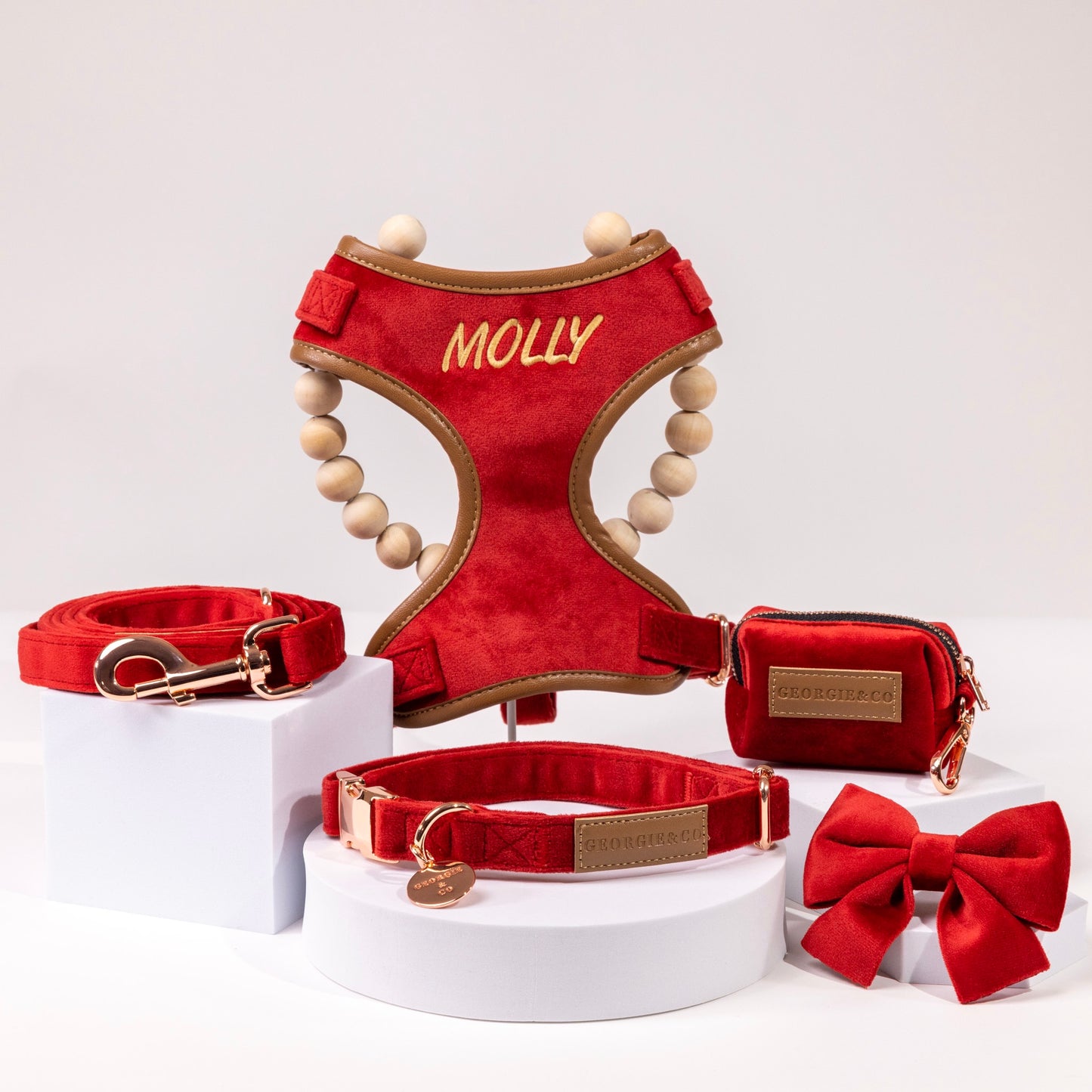 Sadie Luxury Red Velvet Personalised Harness Set with Leather Trim