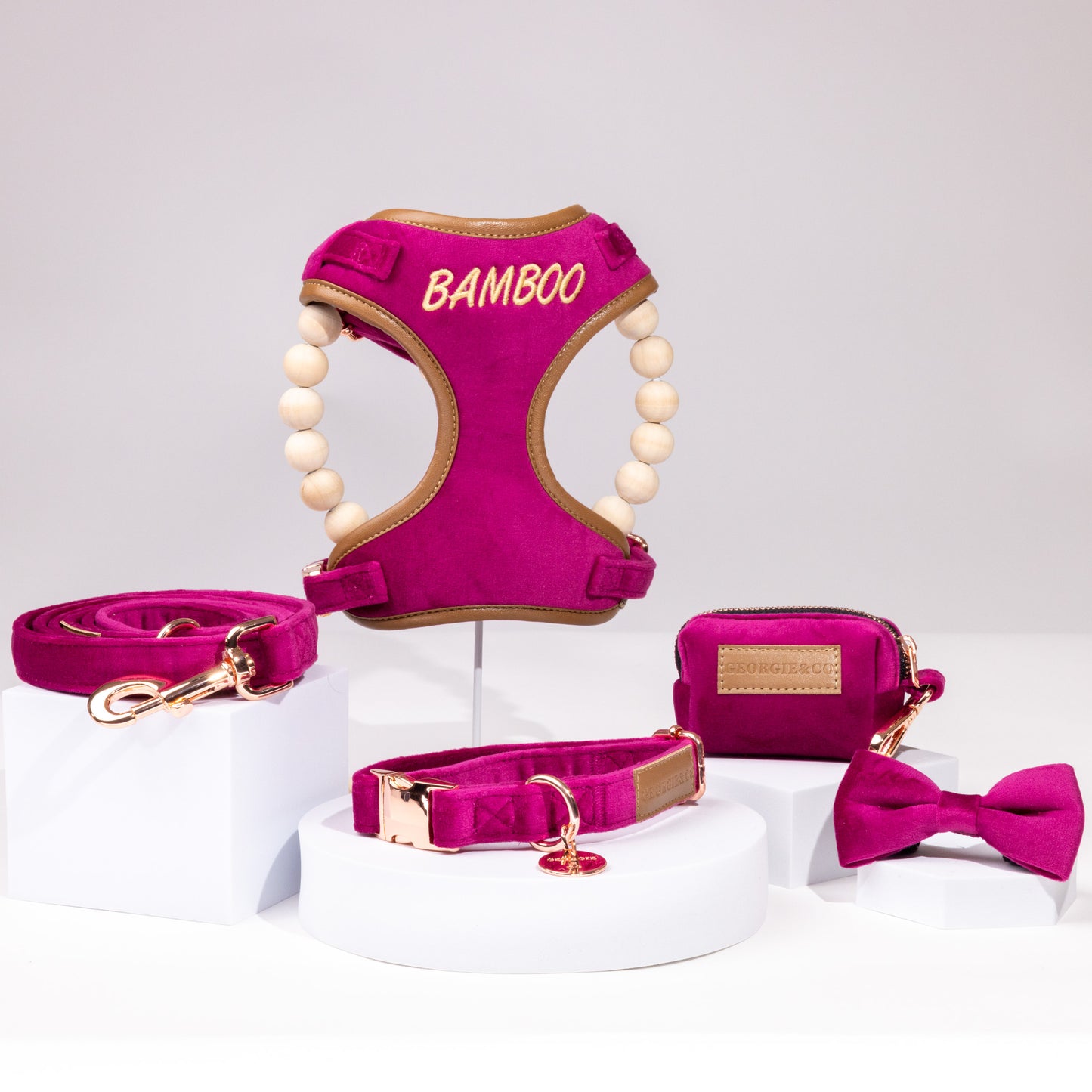 Layla Luxury Fuchsia Velvet Personalised Harness Set